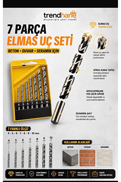Trendhane 7 Parça Elmas Beton Matkap Ucu Seti, 4-10 mm Profesyonel Delme Uçla...