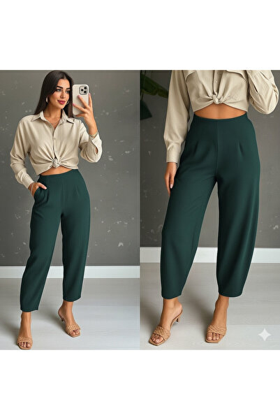 Efnaz style بنطلون نسائي من الكريب عالي الخصر