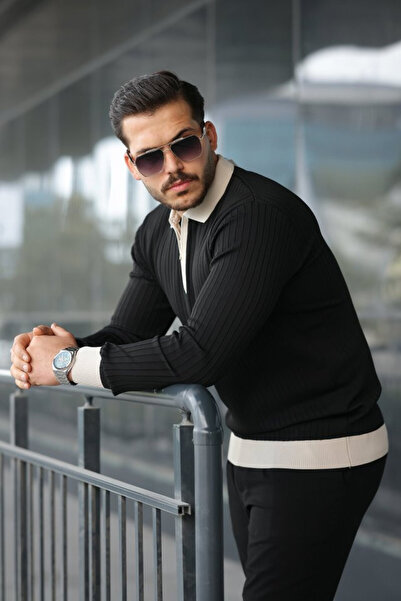 Efnaz style ملابس تريكو للرجال بأكمام طويلة وتفاصيل على الأكمام والياقة
