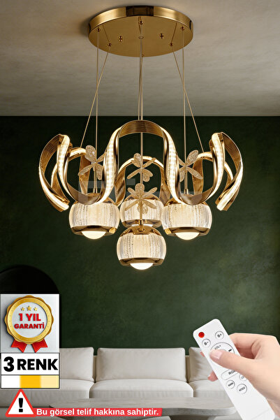 RİZZ İthal Kasa 4 Toplu Taç Kumandalı Büyük Salon Avizesi 3 Renk Gold Kasa Le...