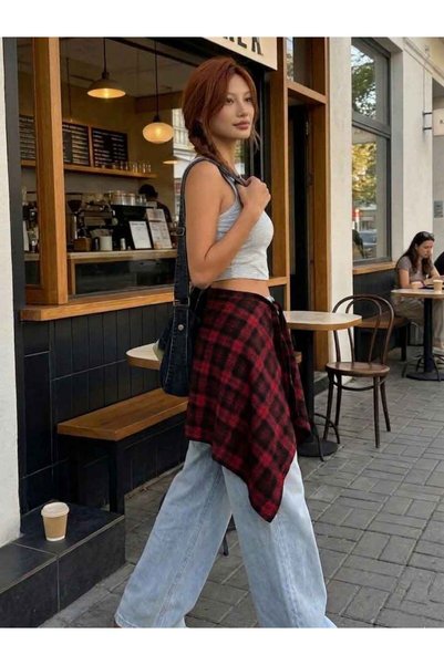 josef mariyy Plaid Patterned Asymmetrical Mini Skirt with Tie at the Waist (Leggings & Pants Top Combination)
