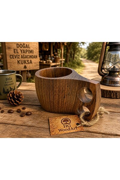 HG WoodArt El Yapımı Ceviz Kuksa Bardak | Doğal Ahşap Kamp Kupası | 12 cm Uzu...