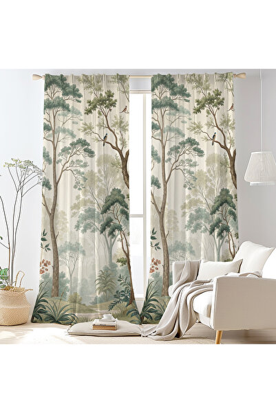 Hanna Home Yeşil Krem Soyut Desenli Kadife Görünümlü Salon Fon Perde