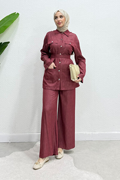 Tesettür Diyarı Polka Belted Jacket-Pants Denim Hijab Suit - Burgundy