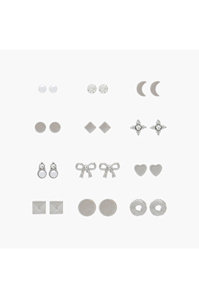 Lifestyle Pack of 12 Silver Tone Stud Earrings with Pushback Closure
