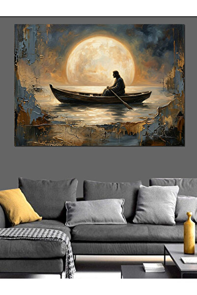 Artmeg Oamenă așezată pe o barcă pe marea nopții - Pânză decorativă - Tablou ...