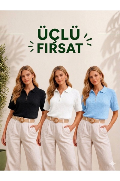 Woolvera 3'lü avantaj seti Kadın Saç Örgü Fermuarlı Triko Polo Yaka Kısa Koll...