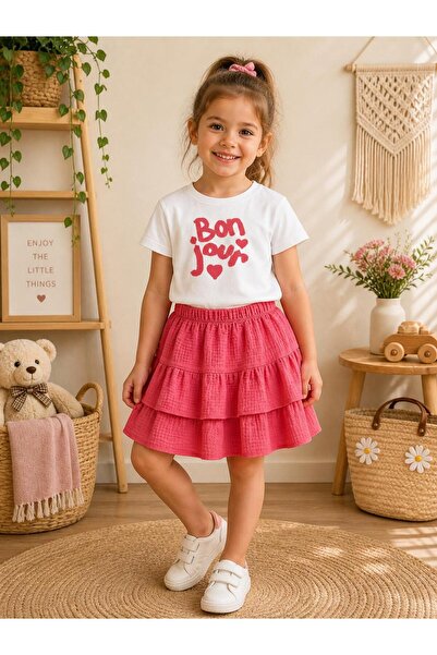 elzo collection Girl's Ruffle Skirt Bonjour Printed Top and Bottom Set