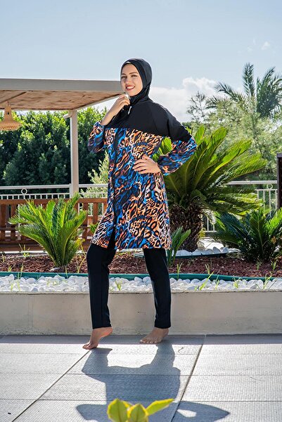 Ruko Maio Costum de baie complet acoperit, cu imprimeu leopard, cu fermoar, c...