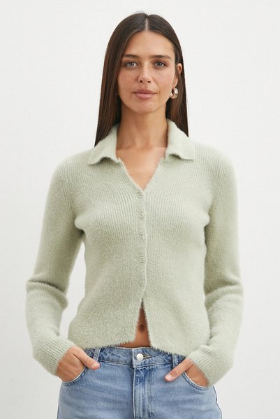 UTERPE Mint Yeşili Tüylü Crop Hırka