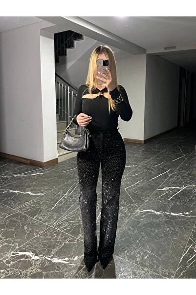Bi Cool Taşlı Likralı Denim Palazzo Pantolon