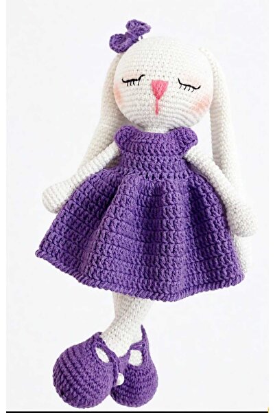 evim oyuncak dünyası Mor Elbiseli Uyuyan Uzun Kulak Tavşan Amigurumi Organik
