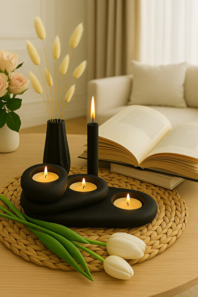 Elora dekorasyon 3'lü Tealight mumluk taş görünüm set doğal ve doğal ve dekor...