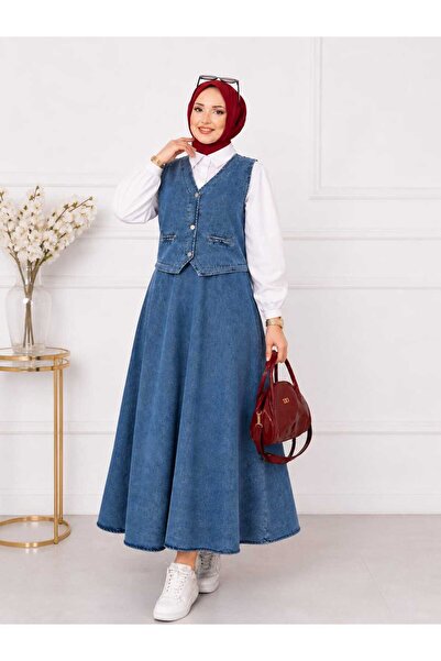 AVA LIFE STORE Kot Yelek ve Etekli İkili Takım - Mavi ve Siyah Denim