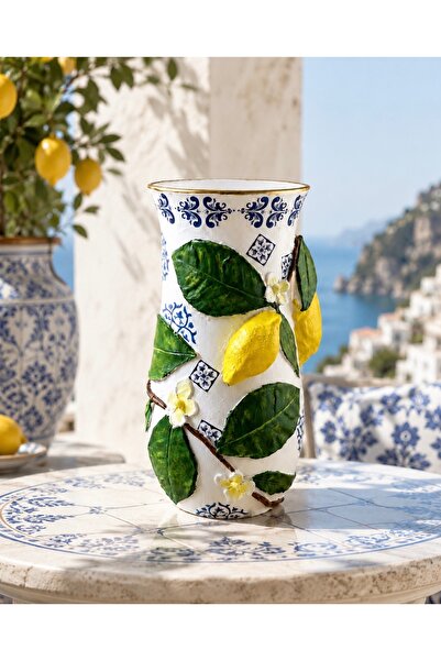 MisshoAtalier Kabartmalı Amalfi Limon Çini Temalı El Yapımı Vazo