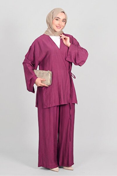 Norshen Burgundy Women's Tie-Up Kimono & Wide-Leg Pants - Set