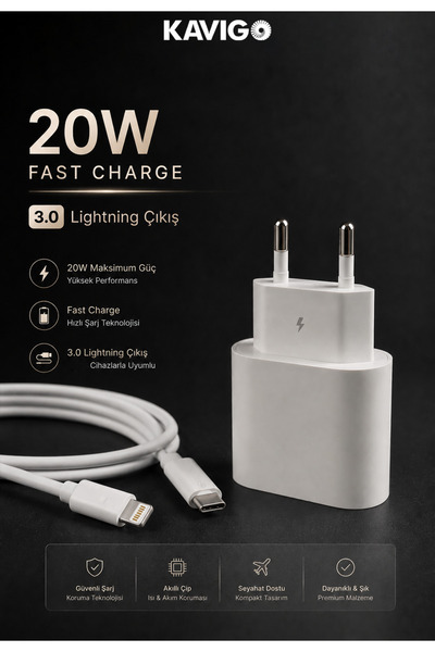 kawigo 20W iPhone Hızlı Şarj iPhone Uyumlu 20W Şarj Aleti Set Lightning/Type-...