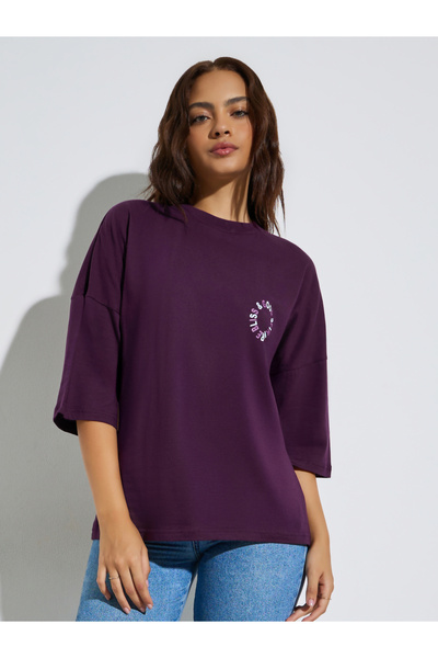 Styli Purple Slogan Print Oversized Cotton T-Shirt