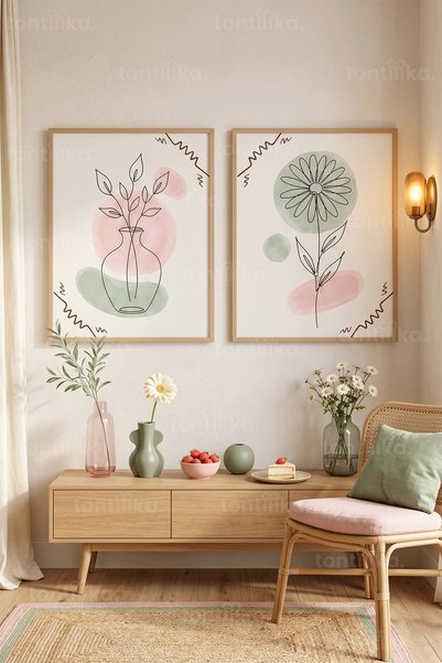 Tontilika Pastel Minimalist Çiçek ve Bitkiler 2'li Ahşap Çerçeveli Tablo Seti