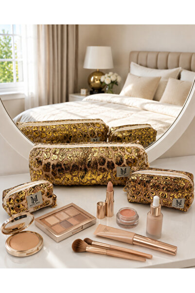 MAKE BAG YENİ LEOPAR ALTIN SİMLİ 3'LÜ SET MAKYAJ ÇANTASI