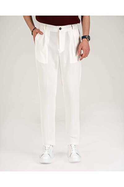 TerziAdemAltun Italian Style Slim Fit Men's Trousers with Waist Detail White ...