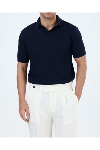 TerziAdemAltun İtalyan stil slim fit polo yaka triko tişört lacivert T13775