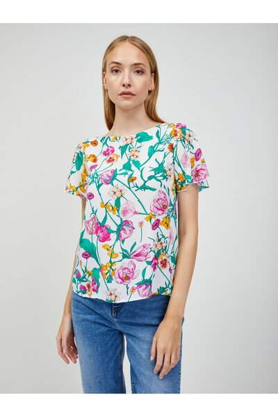 ORSAY Green and white floral back tie blouse