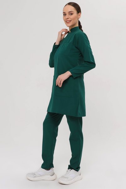 scrubso Nova Hakim Collar Tesettür Emerald Green Lycra-Free Thin Fabric Nurse Doctor Uniform Set