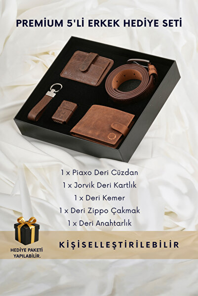 CüzCan Hakiki Deri Cüzdan, Kemer, Kartlık, Anahtarlık ve Çakmak Seti - Taba P...