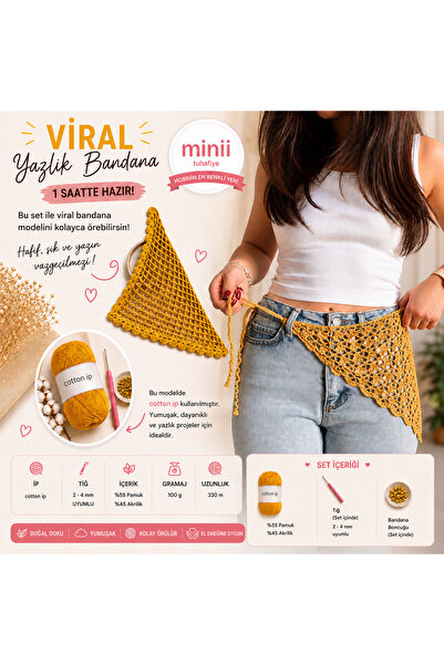 Minii Tuhafiye Örgü Bandana Yapım Seti – Cotton İp, Tığ + Boncuk Dahil | DIY ...