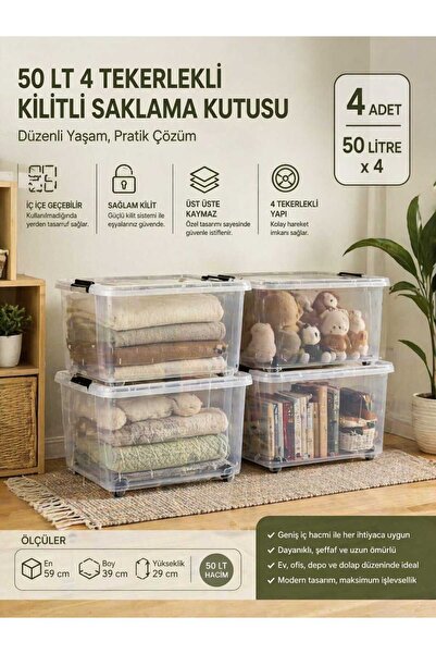 biedda 4 Adet 50 LT Tekerlekli Kilitli Ev Mutfak ve Kamp Saklama Kutusu Şeffa...