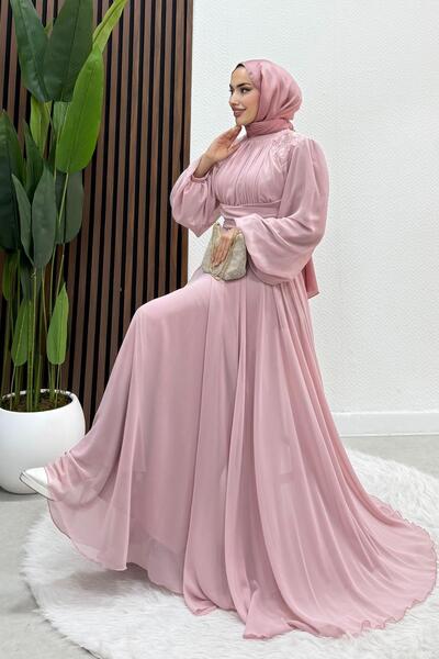 Lamia Giyim Yaprak İşleme Tül Abiye Soft Pembe