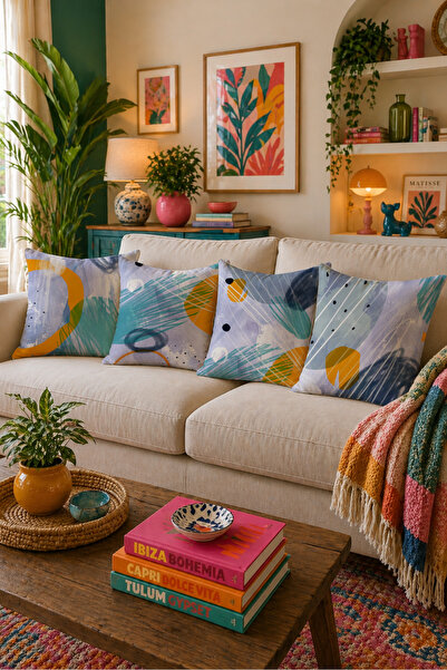 LadiesHome Set de 4 huse de pernă cu model abstract modern, colorate, imprima...
