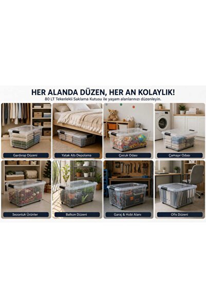 biedda 2 Adet 80 LT 6 Tekerlekli Kilitli Saklama Kutusu Şeffaf Mega Boy Plastik Organizer Kutu