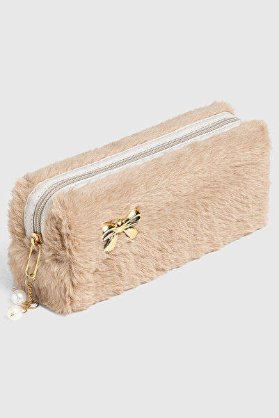 Mypolo Plush Fabric Bowknot Detailed Pencil Case and Makeup Bag with Pearls -...