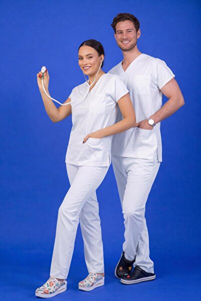 BAŞARAN UNİFORMA Tek Üst Unisex Kalıp Üst Beyaz Likralı Hemşire / Doktor Form...