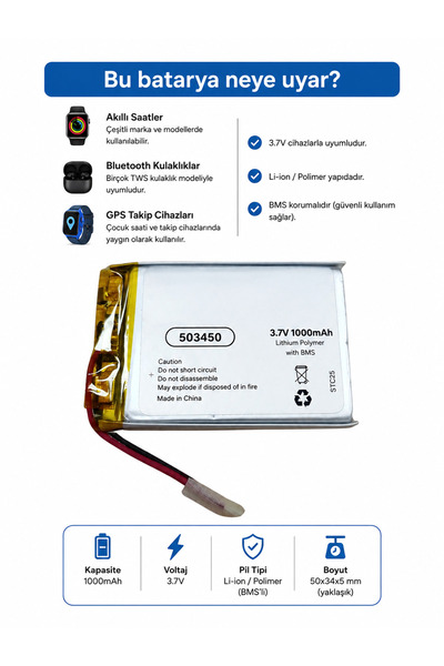 instatech 503450 3.7V 1000 MAh Li-Polymer Pil (Devreli/1.5A) Kulaklık Akıllı ...