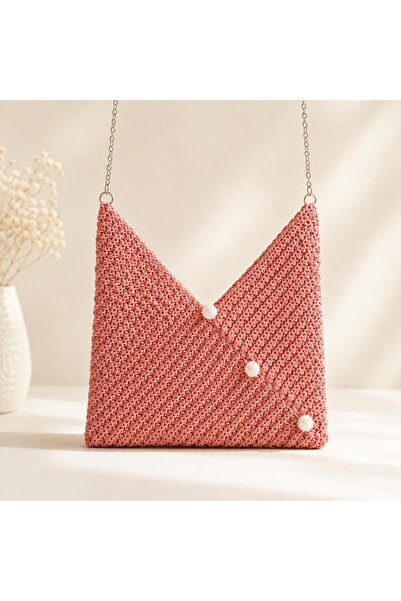 LOREMPBOX Hand Knitted Women's Shoulder Bag Powder Pink Pearl Detailed Handma...
