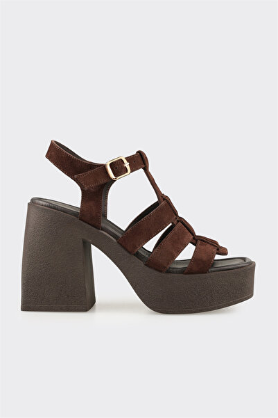 Elle Shoes Kahve Deri Kadın Topuklu Sandalet