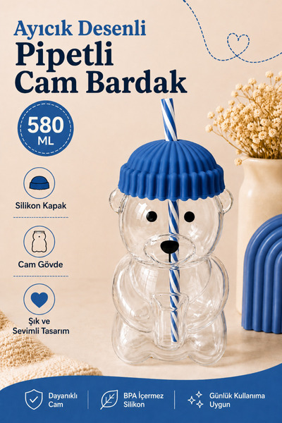 Poomy 580 ml Ayıcık Figürlü Pipetli Cam Bardak Silikon Kapaklı Isıya Dayanıklı