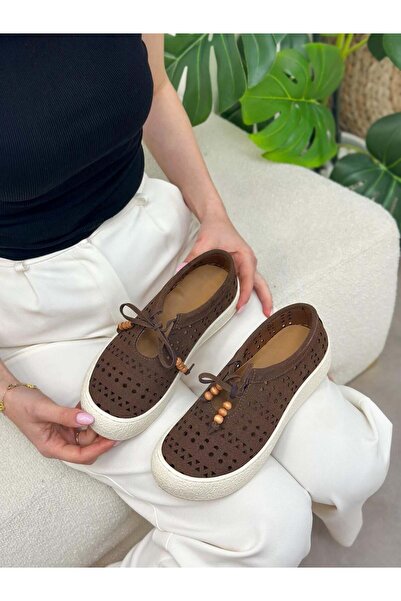 ERVANIN BUTİĞİ Brown Suede (Morly) Laser Cut Women's Sneakers