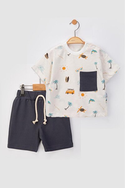 baby flamindo Summer Cotton Car & Palm Tree Printed Baby Set with Pocket Deta...
