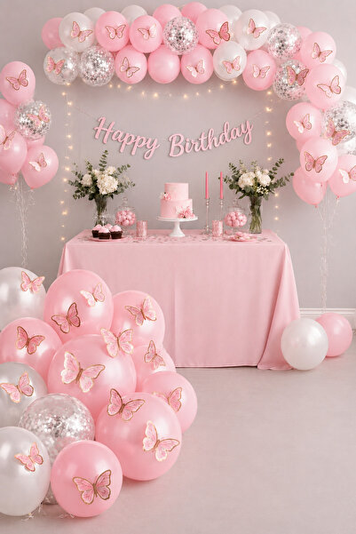 Aspak Happy Bırthday Yazı Gümüş Konfetili 30 Adet Kelebekli Pembe İnci Beyazı...