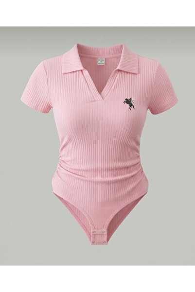 Weekeep Polo Collar Ribbed Lycra Bodysuit Blouse