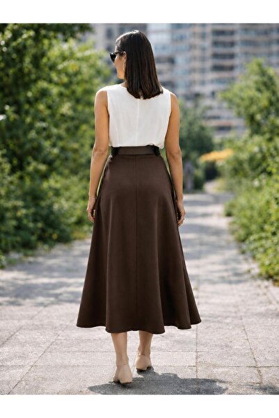 RAZENCİ Women's Coffee-Colored Crepe Fabric Mevlana A-Line Skirt