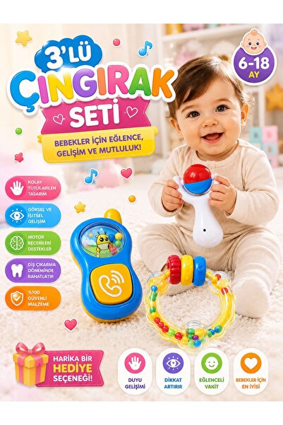 SAZE 3’lü Bebek Çıngırak Seti Eğitici Sesli Oyuncak Diş Kaşıyıcı Bebek Oyunca...