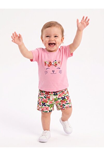 Kids Kingdom Cotton Floral Kitten Detailed Baby Girl 2-Piece Shorts Set