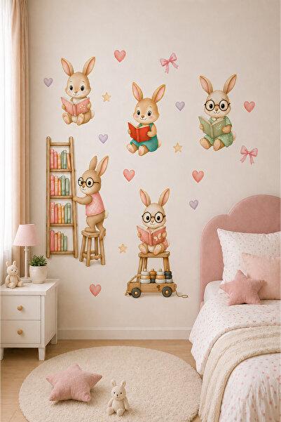kutuTR Kitap Okuyan Tavşanlar Çocuk Odası Duvar Sticker Seti – 30x100 cm