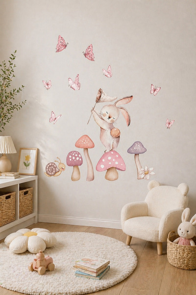kutuTR Tavşan ve Mantar Temalı Çocuk Odası Duvar Stickerı – 50x100 cm