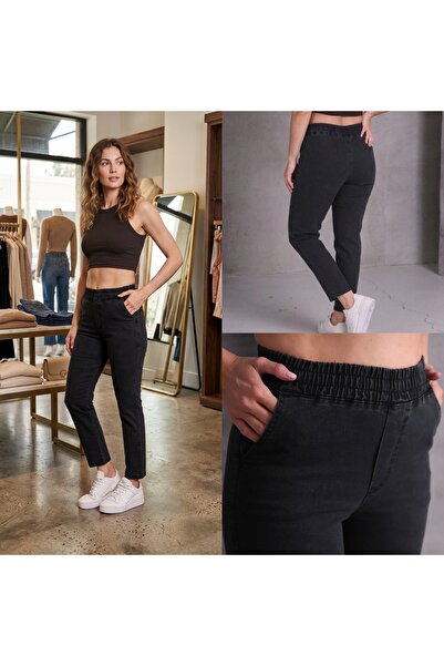 ModamarkReal Beli lastikli yüksek bel boru paça likralı büyük / küçük beden pantolon jean Füme